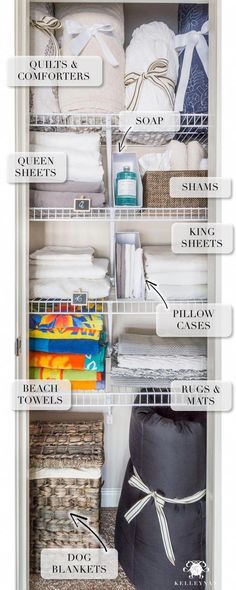 an organized closet with labels on the shelves and baskets in each section, labeled to help you organize your linens