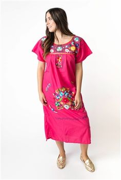 Shop Mexican Embroidered Pueblo Dress - Pink.  These are traditional Mexican dresses commonly used at Fiestas like 5 de Mayo that feature embroidered flower designs. Mexican Fiesta Dresses, Puebla Dress, Traditional Mexican Dress, Mexican Embroidered Dress, Fiesta Dress, Mexican Dress, 5 De Mayo, Colorful Embroidery, Embroidery Stitching