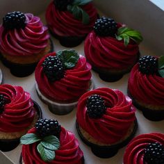 red velvet cupcakes decorated with blackberries and raspberries are in a box