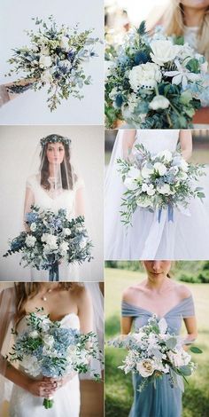 wedding bouquets with blue and white flowers are arranged in the same photo, but different colors