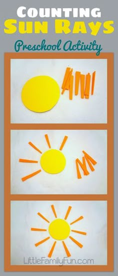 an orange and white poster with the words counting sun rays preschool activity written on it