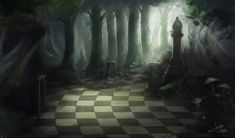 a chess board in the middle of a forest filled with trees and bushes at night