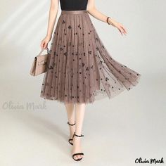 Olivia Mark - Floral Mesh Double-sided Half-skirt with Elastic Waist and Pleated Hemline Skirt With Elastic Waistband, Utility Skirt, Tulle Midi Skirt, Half Skirt, Elegant Skirt, Mesh Skirt, Midi Length Skirts, Midi Dress Casual, Floral Chiffon