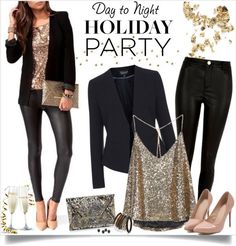 Christmas parties are the time to dazzle. It gives us the perfect excuse to go out of the way in terms of dressing. Gold boots for lunch, sparkling stone earrings for dinners and platform sandals for brunch, you’re free to wear anything you like during the holiday season. So how can you settle for... Black And Gold Outfits, Gold Outfits, Casual Christmas Party Outfit, Holiday Party Outfits, Party Outfits Night, Jeans Outfit Ideas, Christmas Party Outfit, Nye Outfits