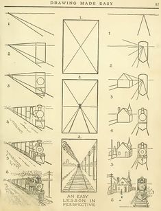 an old book with drawings and instructions on how to draw made easy, including train tracks