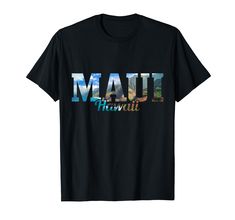 a black t - shirt with the word mau hawaii in multicolored letters