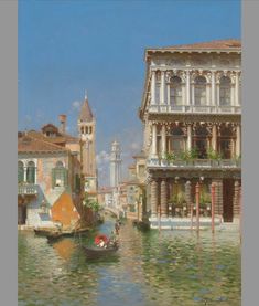 a painting of a gondola on the water in front of buildings with balconies