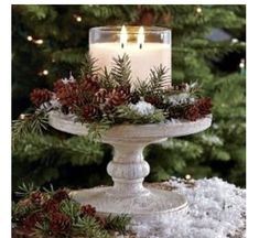 a candle is sitting on top of a cake plate decorated with pine cones and evergreens