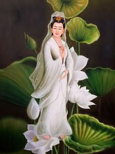 a painting of a woman standing in front of water lillies