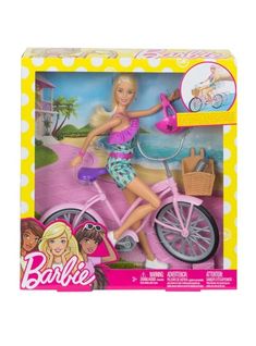 a barbie doll riding a pink bike with the words shop and save now on it