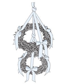 a drawing of a wreath with ribbons hanging from it