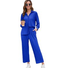 Women's 2 Piece Casual Pleated Outfits Short Sleeve Button Down Shirt High Waist Wide Leg Trouser Sets Suit Package:1 x Long Sleeve Button Down Shirt+ 1 x High Waisted Loose Wide Leg Pants Neckline: V Neck Soft, Breathable, Comfy Fabric Simple Solid Color Striking Functional Contrast Buttons Design Sleeve Length:Long sleeve Season: Summer,Spring,Fall,Winter All Matching:Button down blouse jumpsuit outfit,short sleeve blouse top and pant tracksuit outfit,loose button down shirt and palazzo pant s Blue Collared Sets With Pockets, Casual Loungewear Sets With Button Closure, Casual Collared Sets With Buttons, Casual Sets With Button Closure And Relaxed Fit, Casual Spring Sets With Button Cuffs, Solid Color Button-up Sets With Pockets, Casual Sets With Button Closure In Relaxed Fit, Casual Fall Sets With Collared Shape, Casual Blue Buttoned Sets