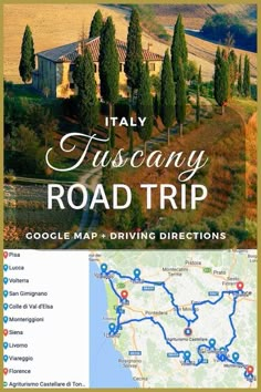 the road trip map for italy is shown in blue and green, with trees on either side