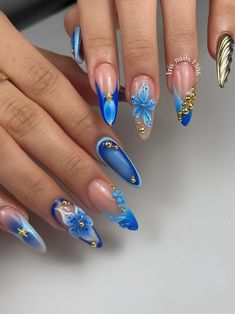 Morocco Nails, Christmas Nail Sets, Blue Almond Nails, Heavenly Nails, Blue And Silver Nails, Barbie Nails, Navy Blue Nails, Summery Nails