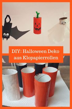 diy halloween deko aus klopapierollen with bats and pumpkins