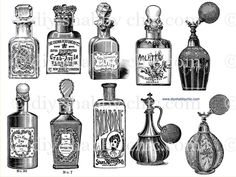 an old fashion illustration of different perfumes from the 1800s's or early 1900s's