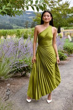 a woman in a green dress standing on a path