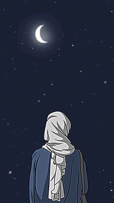 a person with a backpack looking up at the stars and moon in the night sky