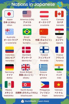 an image of the countries in japanese with their flags and names on each one side