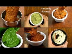 six pictures showing different types of food in bowls and sauces, including chicken wings