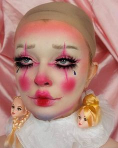 Valentine’s Day Clown Makeup, Pink Clown Aesthetic, Cupid Clown, Cosplay Face Paint, Pierrot Clown Makeup, Pastel Clown Makeup, Soft Clown Makeup, Clown Makeup Pretty, Clown Inspired Makeup