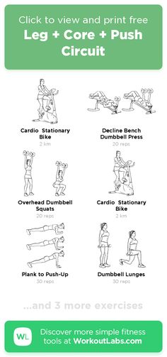 an exercise poster with instructions on how to use the leg and core plus push circuit