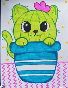 a drawing of a green cat sitting in a blue pot with a pink bow on it's head