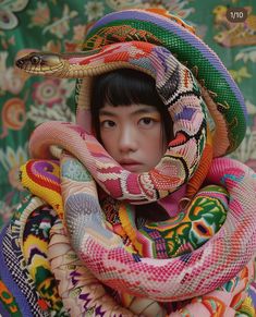 a woman wearing a colorful scarf and headdress with a snake wrapped around her neck