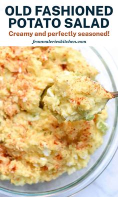 an old fashioned potato salad is served in a glass bowl with a spoon and the title overlay reads, old fashioned potato salad creamy and perfectly seasoned