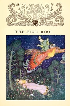 the fire bird is flying through the air with its wings spread out, and two children are