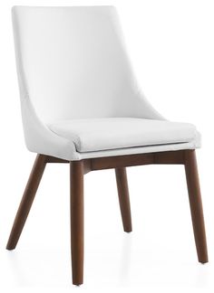 a white chair with wooden legs and a seat cushion on the back is upholstered