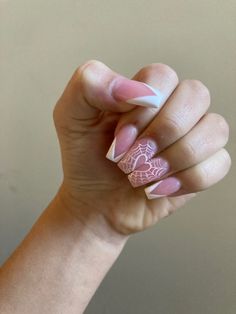 Heart Designed Nails, Nails French Ideas Pink, Heart Shaped Spider Web Nails, Pretty Nails Design Inspiration Pink, French Tip With Hearts Acrylic Nails, Spiderweb Nails Coffin, Simple Pink Heart Nails, Spiderweb Nails French Tip, Pink Web Nails