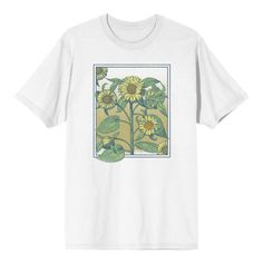 Embrace the beauty of nature with this adult heather gray crew neck short sleeve t-shirt. Featuring a charming image of sunflowers blooming in a frame, this shirt brings a touch of natural elegance to your wardrobe. Crafted from a comfortable blend of cotton and polyester, it offers both softness and durability for everyday wear. Machine wash this graphic tee on a cold, gentle cycle with like colors and tumble dry on low heat for a convenient care routine. Sunflower Frame, Flower Crew, Sunflower Images, Sunflower Shirt, Custom Design Shirts, Sleeve Packaging, White Crop Top, Sleeve Designs, Care Routine