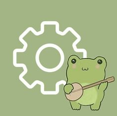 a green frog holding a wooden stick in front of a gear wheel