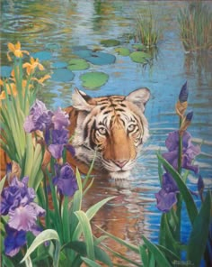 a painting of a tiger in the water surrounded by purple flowers and lily pads with green leaves