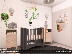 a baby's room with panda bears and bamboo trees on the wall, including a crib