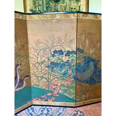 Elegant 4-panel Japanese byobu screen depicting a bucolic Spring scene with ducks and flowers. Hand painted on hand made gold paper with a fabric border. Wood structure with engraved iron edging. Beautiful subtle color tones. Mid to late 19th century. Bamboo Screening, Floor Screen, Japanese Screen, Screen Painting, Divider Screen, Room Divider Screen, Small Space Living Room, Folding Screen, Japanese Painting