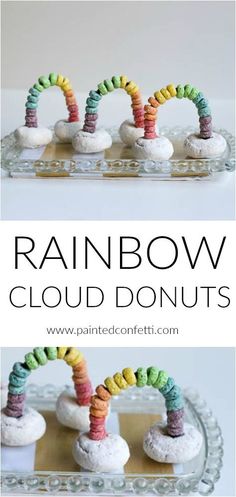 rainbow cloud doughnuts on a plate with the words rainbow in front of them