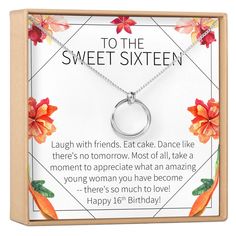 a card with a necklace that says to the sweet sixteen