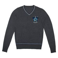 a grey sweater with a blue crest on it