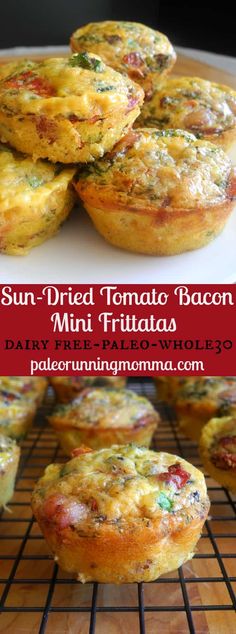 mini frittatas with sun dried tomato and bacon in them on a cooling rack