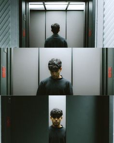 four different shots of a man in the elevator with his head turned to the side