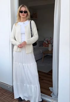 Aesthetic Modest Summer Outfits, Modest Maxi Skirt Outfits, White Maxi Skirt Outfit Winter, Long White Dress Outfit, Modest University Outfits, Long Skirt With Sweater Outfit, White Church Outfit, Summer Outfit Inspo Modest, Modest Coquette Outfits