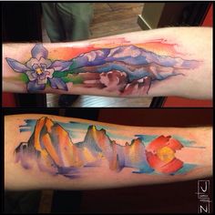 watercolor tattoos with mountains and flowers on the arm, both done by an artist