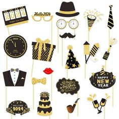 new year's eve photo booth props - gold, black and white party decorations