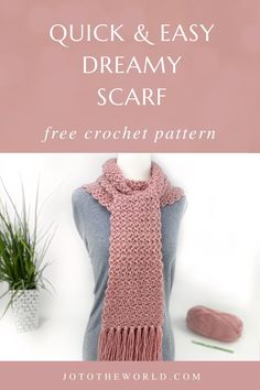 a crochet scarf with text overlay that says quick and easy dreamy scarf free crochet pattern