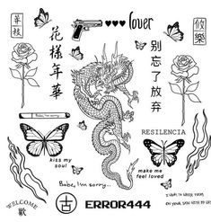 an ink drawing of a dragon, roses and butterflies with the words love written in chinese