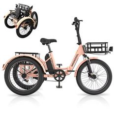 an electric bike is shown in three different colors and shapes, with the front wheel facing forward