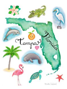 an illustrated map of tampa, florida with tropical animals and birds on it's side