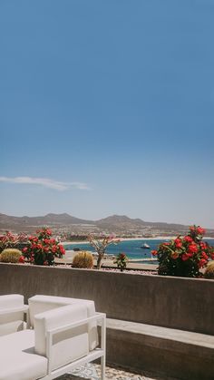 two white chairs sitting on top of a cement wall next to flowers and water in the distance